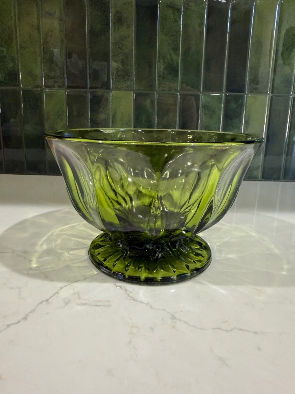 Vtg Anchor Hocking Avocado Green Footed Compote Bowl